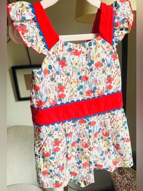 Floral Red-Trim Sleeveless Kids jumpsuit